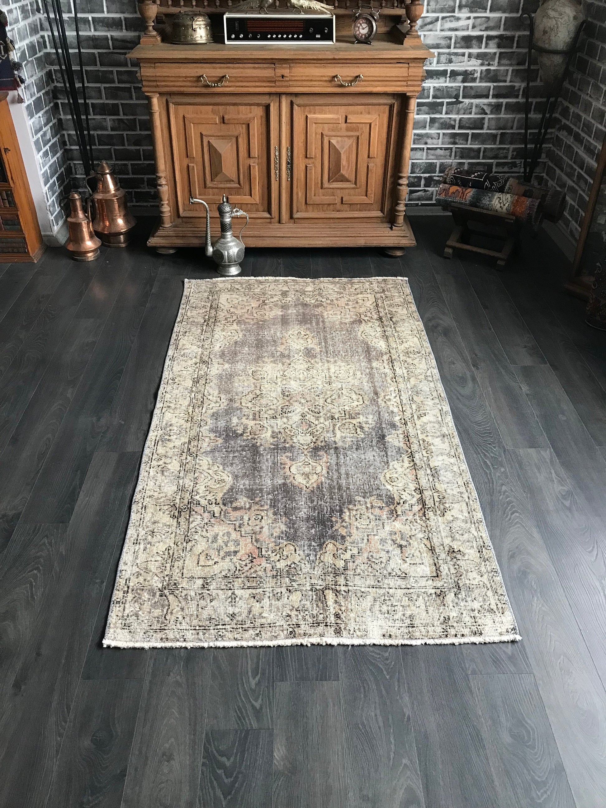 3.7x6.9 Vintage Beige Turkish Oushak Rug - Heritage and Rugs