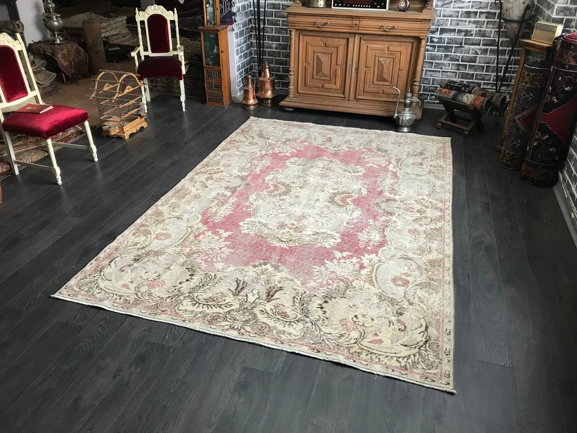 Large Turkish Rug, Pink Vintage Rug, Large Area Rug, Antique Turkish Rug, For Livingroom Rug , Handmade Rug, Pink Floor Rug, 6.3x9.5 Ft - Heritage and Rugs