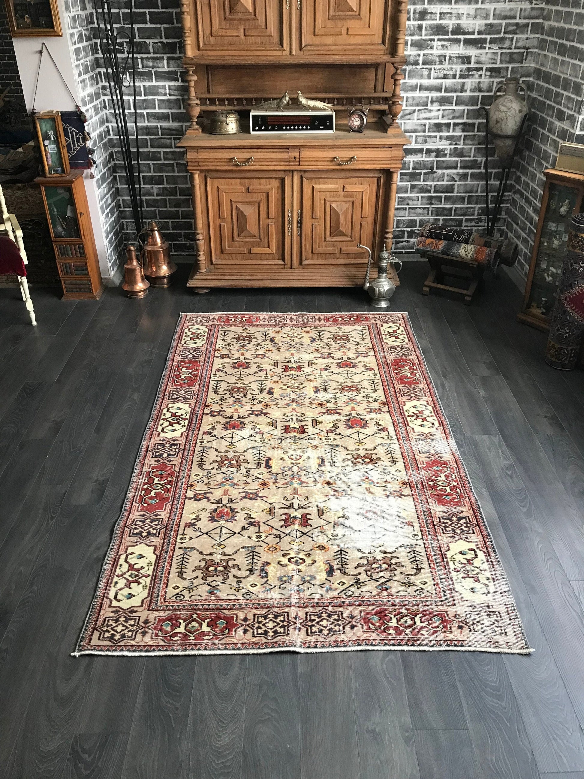 Vintage Turkish Rug , Beige Antique Rug, Turkey Floor Rug , Handmade Area Rug, Oriental Livingroom Rug, Large Oushak Rug, 4.7x7.9 Ft - Heritage and Rugs