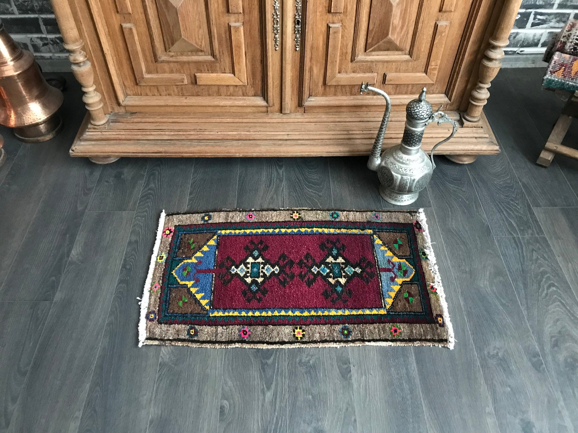 Wool Small Rug , Small Entry Rug , Burgundy Door mat , Bathroom Rug , Vintage Oushak Rug , 2x3 Rug, Natural Anatolian Rug , Mini Kitchen Rug - Heritage and Rugs