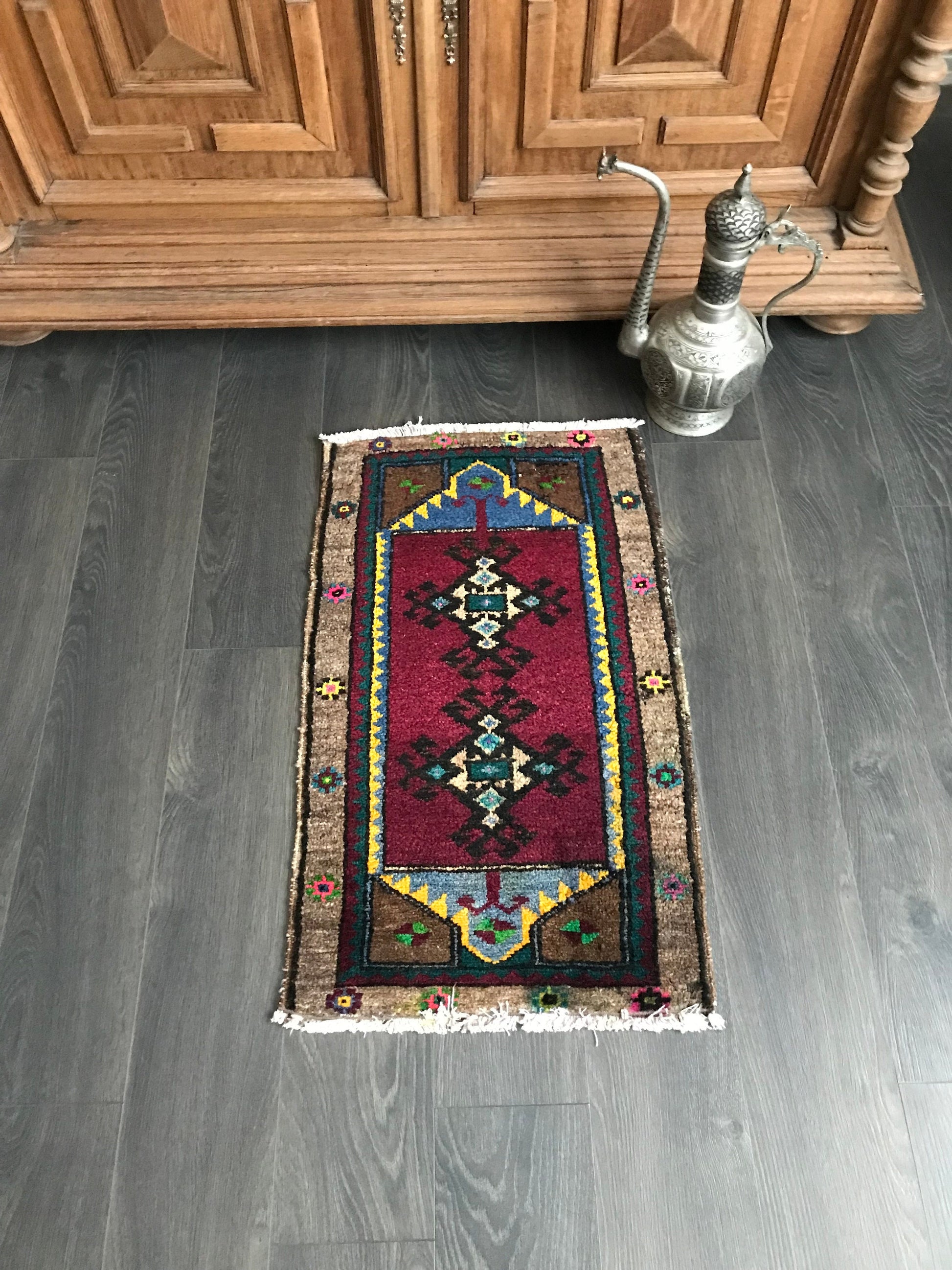 Wool Small Rug , Small Entry Rug , Burgundy Door mat , Bathroom Rug , Vintage Oushak Rug , 2x3 Rug, Natural Anatolian Rug , Mini Kitchen Rug - Heritage and Rugs