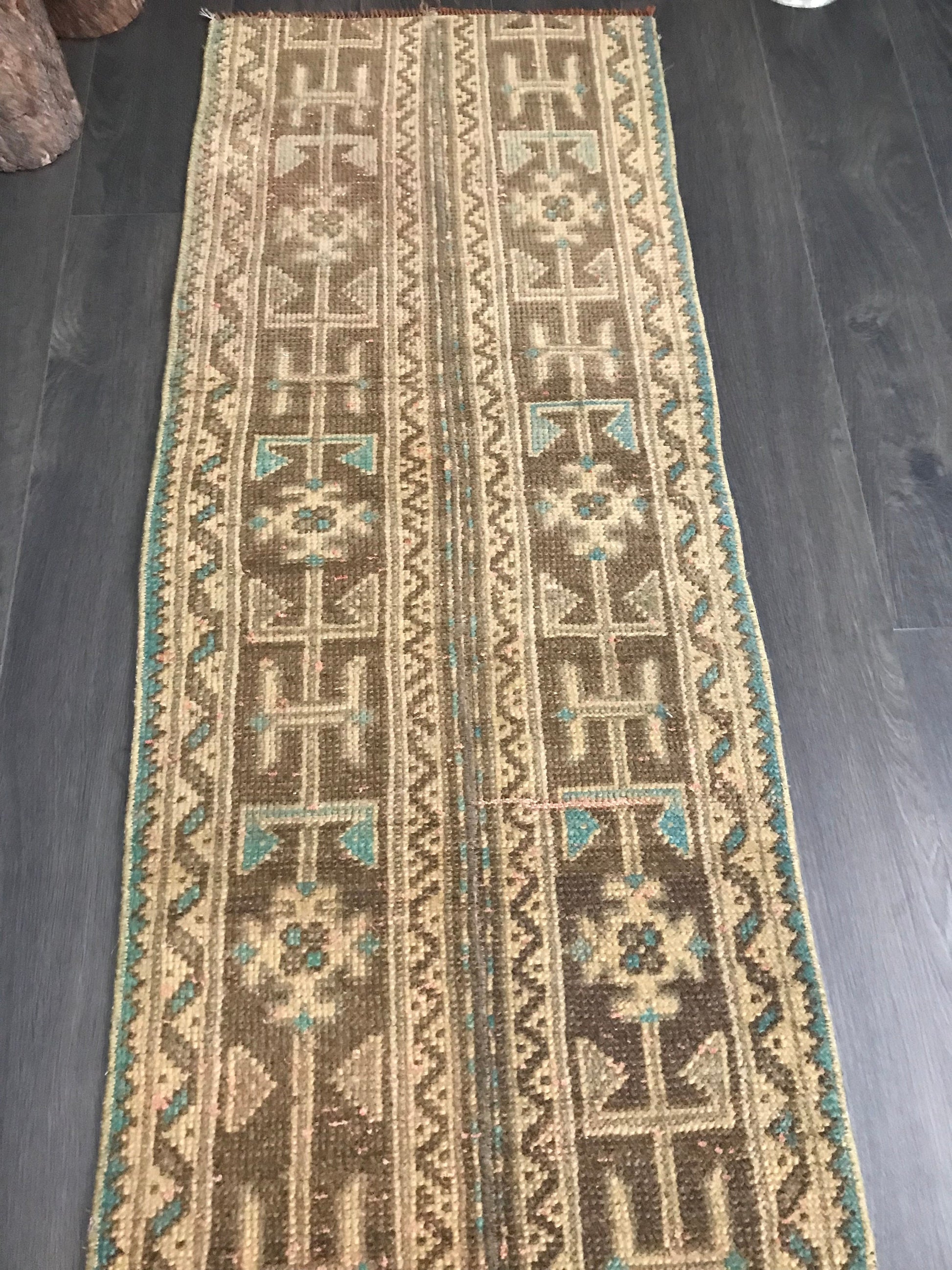 1.9x9.7 Vintage Brown Turkish Oushak Wool Runner Rug- Heritage and Rugs