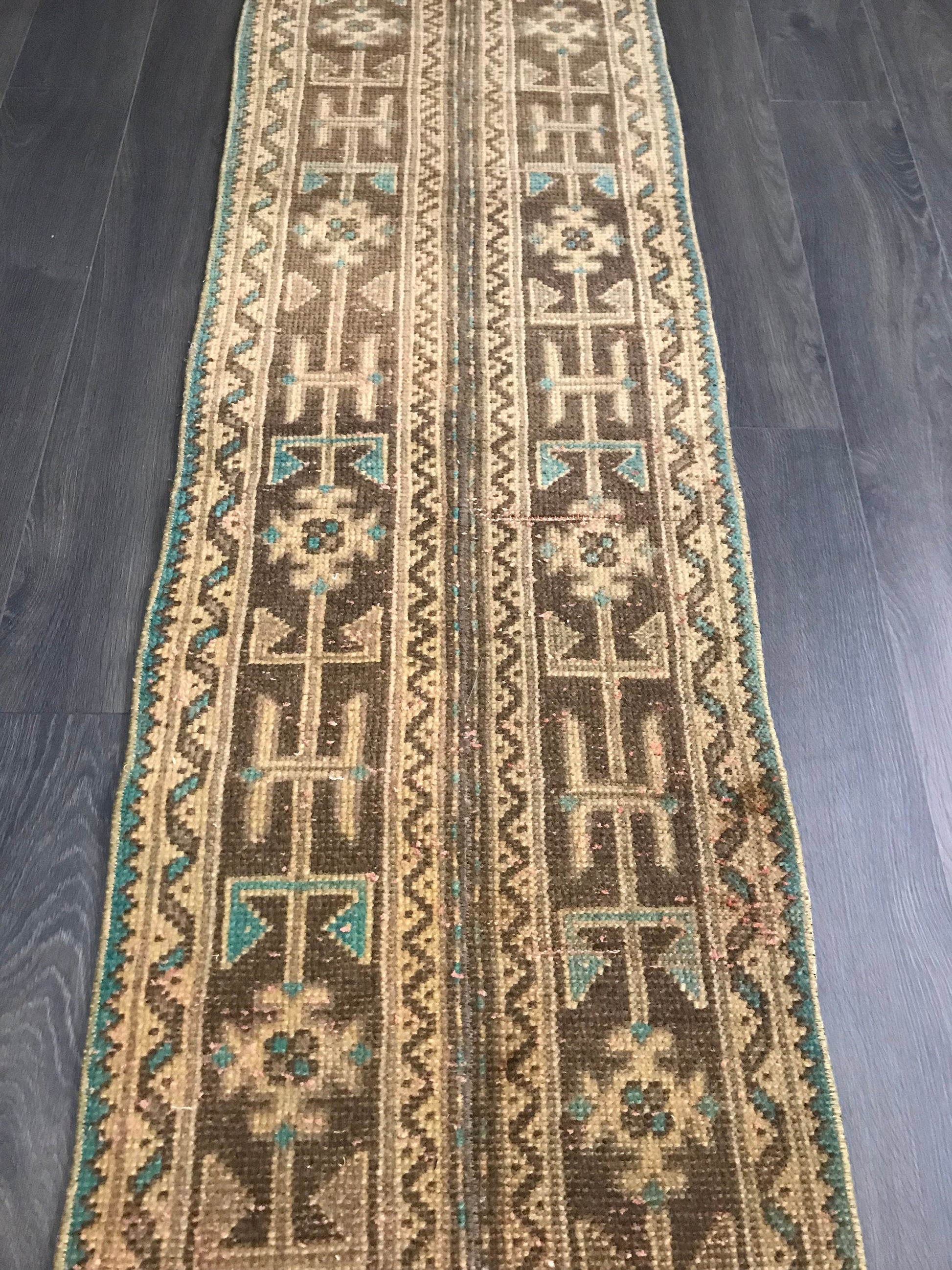 1.9x9.7 Vintage Brown Turkish Oushak Wool Runner Rug - Heritage and Rugs