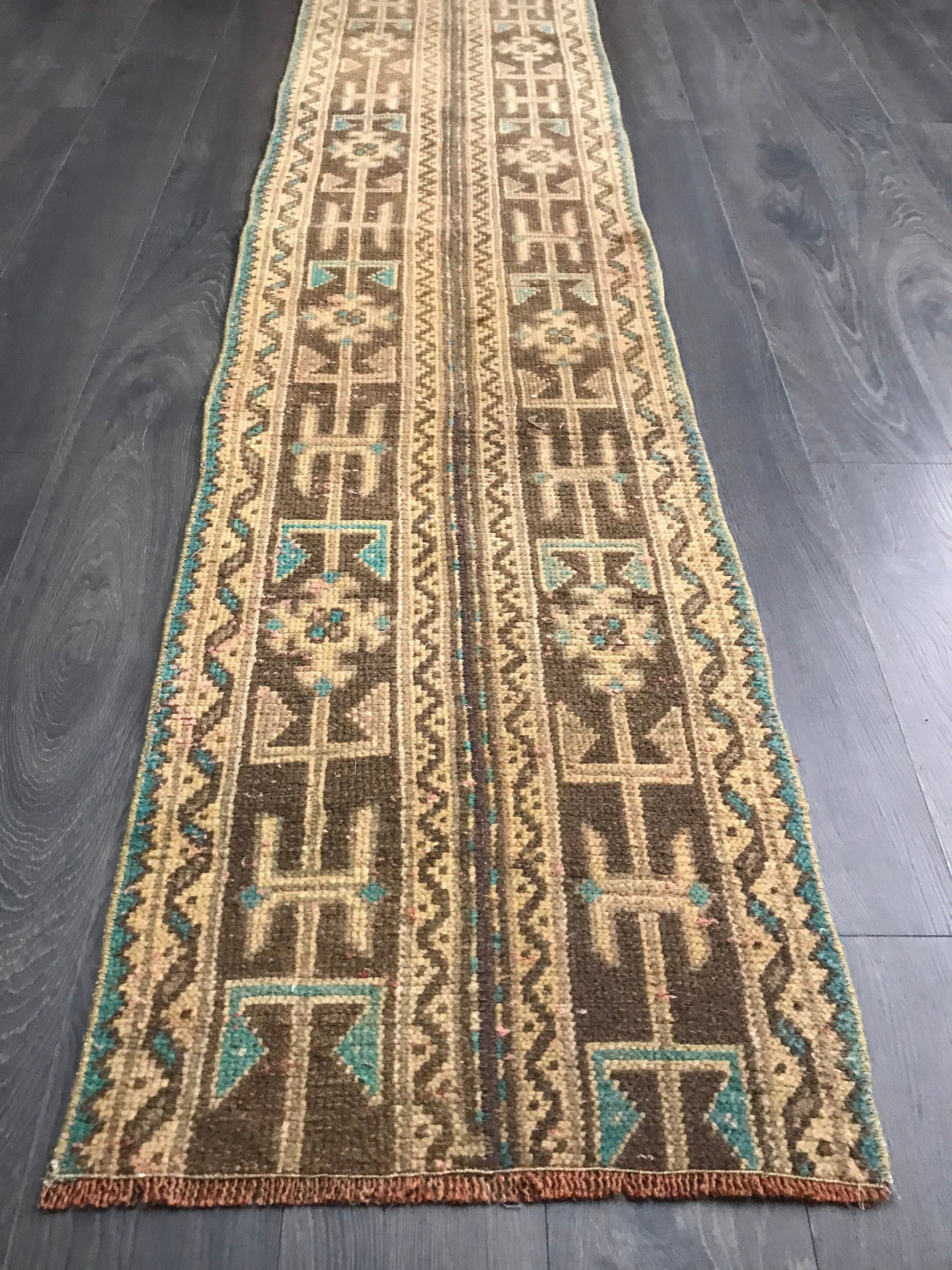 1.9x9.7 Vintage Brown Turkish Oushak Wool Runner Rug - Heritage and Rugs