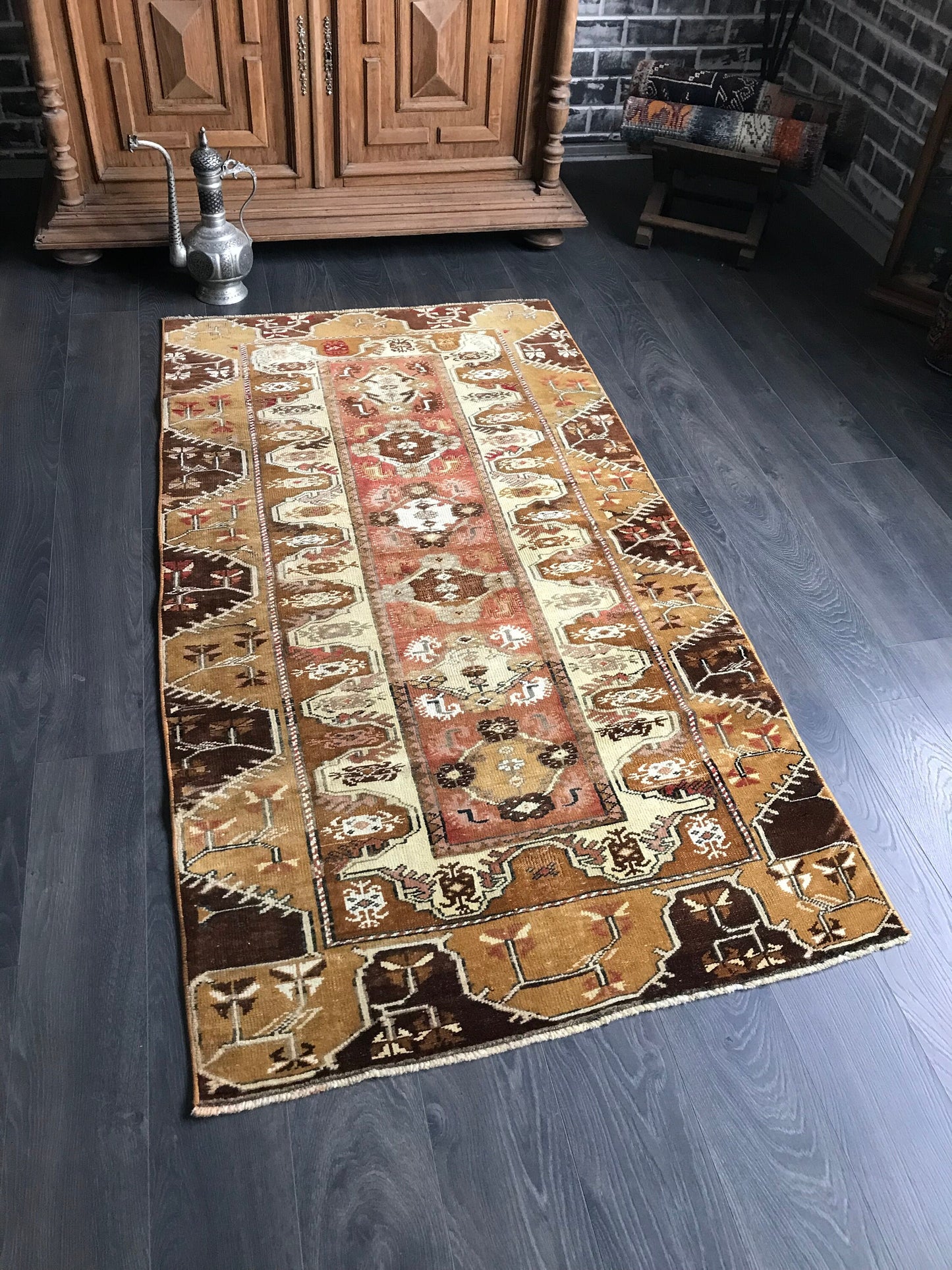 3.3x6 Medium Vintage Brown Turkish Oushak Wool Rug - Heritage and Rugs