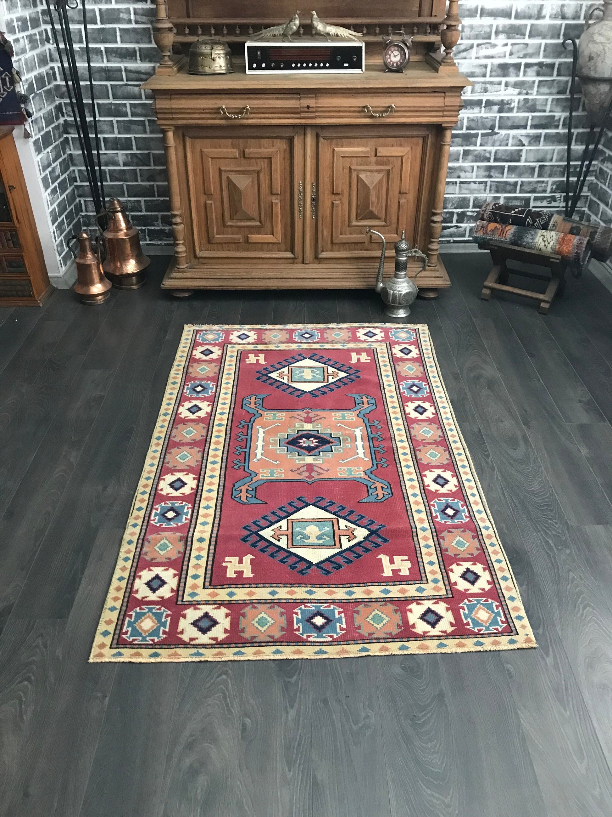 Pink Wool Rug , Handmade Turkish Rug , Unique Oushak Rug , Geometric Vintage Rug , Anatolian Rug , İnterior Design Rug , 4x6 Rug , - Heritage and Rugs