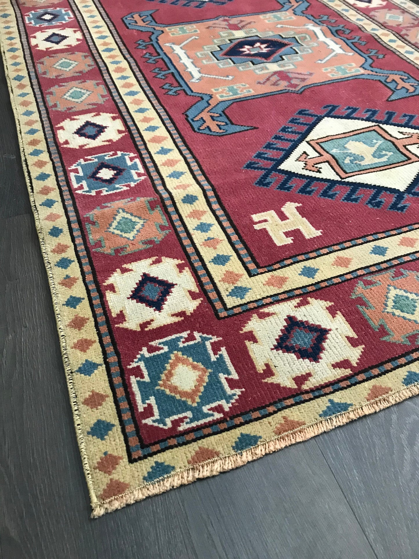 Pink Wool Rug , Handmade Turkish Rug , Unique Oushak Rug , Geometric Vintage Rug , Anatolian Rug , İnterior Design Rug , 4x6 Rug , - Heritage and Rugs