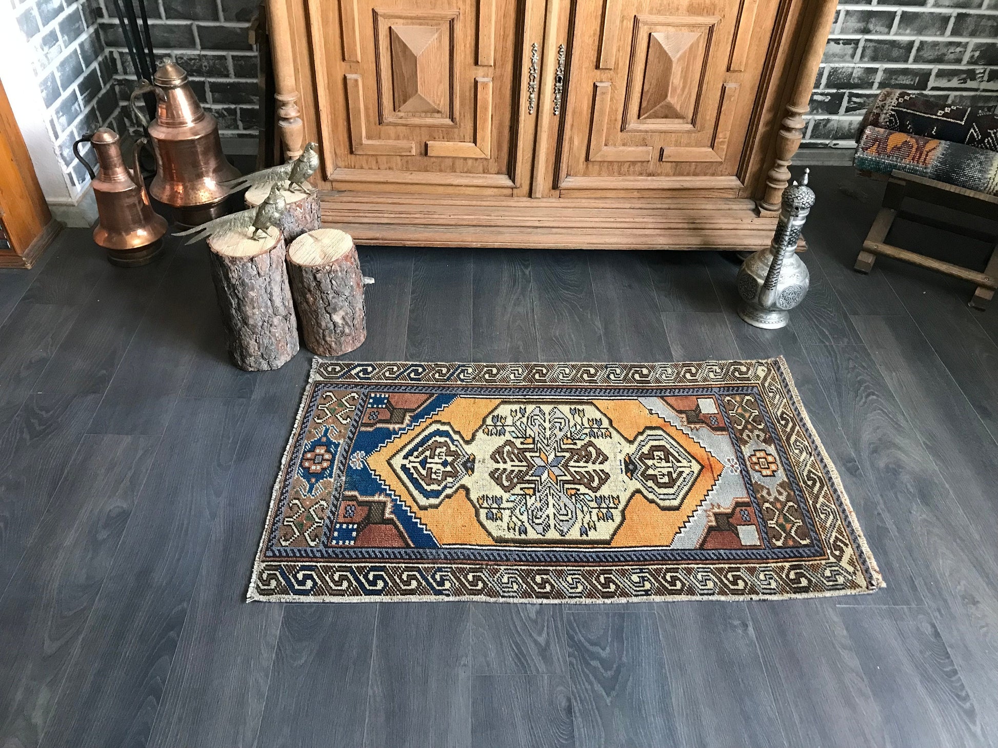 Wool Small Rug , Oriental Small Rug , Vintage Oushak Rug , Anatolian Design Door mat , Antique Bathroom Rug , 2x4 Rug , Small Entry Rug - Heritage and Rugs