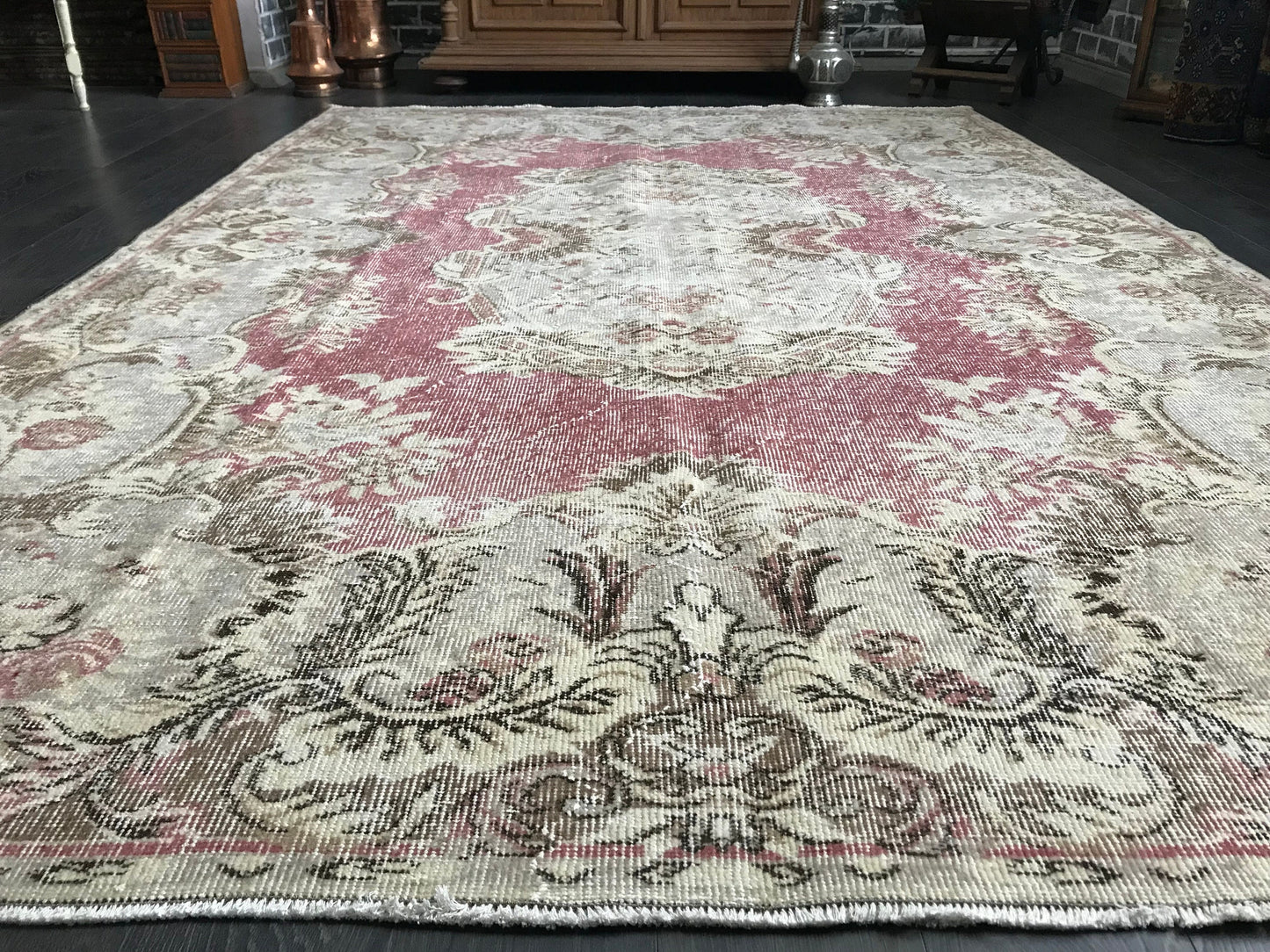 Large Turkish Rug, Pink Vintage Rug, Large Area Rug, Antique Turkish Rug, For Livingroom Rug , Handmade Rug, Pink Floor Rug, 6.3x9.5 Ft - Heritage and Rugs