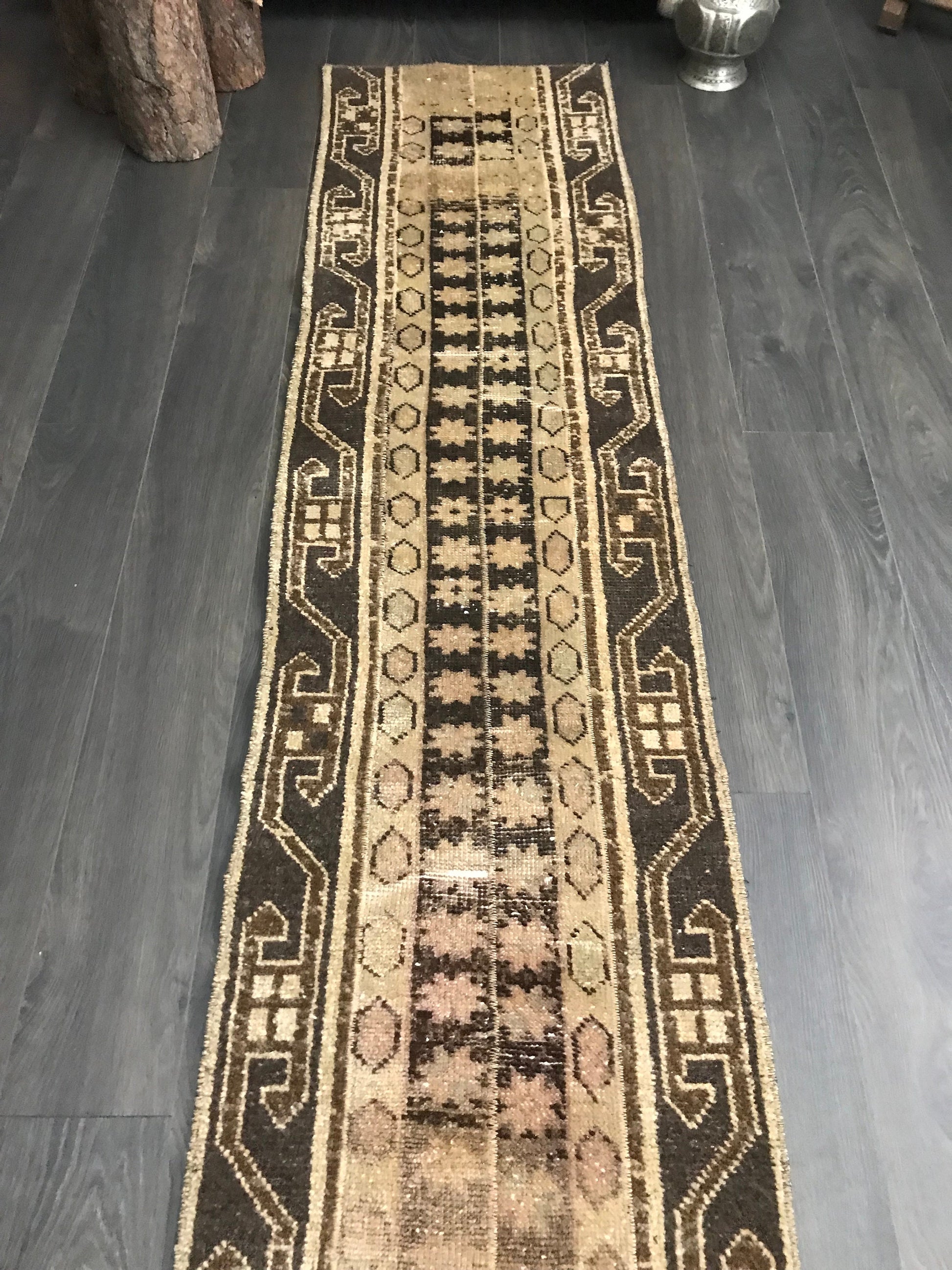 2x11 Runner Vintage Brown Turkish Oushak Wool Rug 5