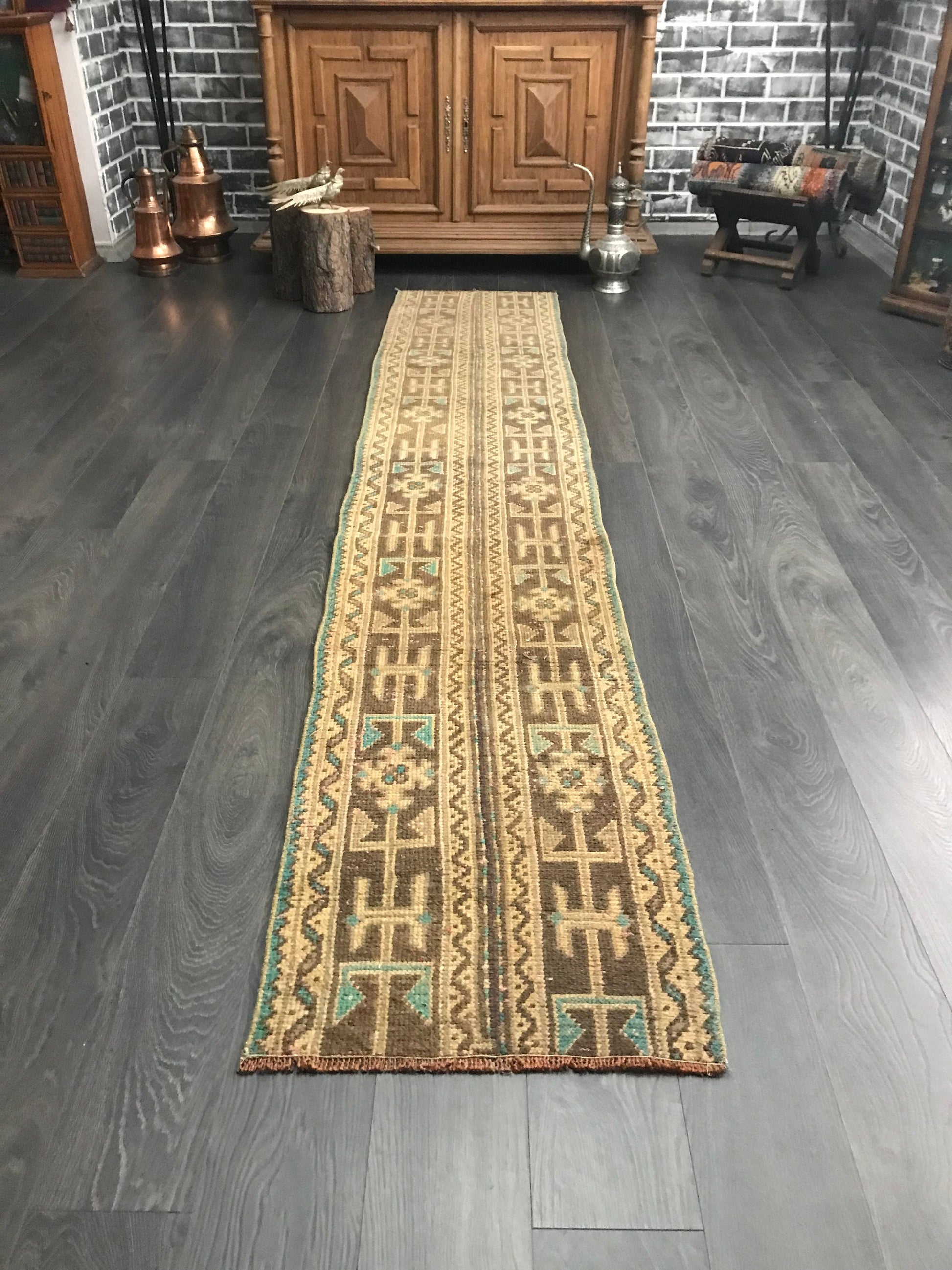 1.9x9.7 Vintage Brown Turkish Oushak Wool Runner Rug - Heritage and Rugs