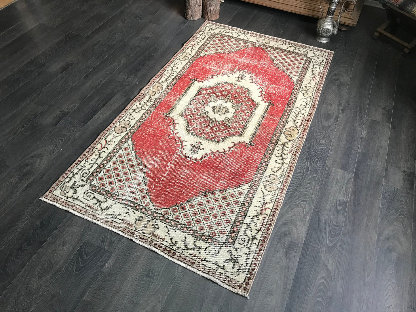 Red Turkish Rug , Red Vintage Rug , Antique Oushak Rug , Oriental Wool Rug , Handmade Anatolian Rug , 4x7 Ft , Red Bedroom Rug , Unique Rug - Heritage and Rugs