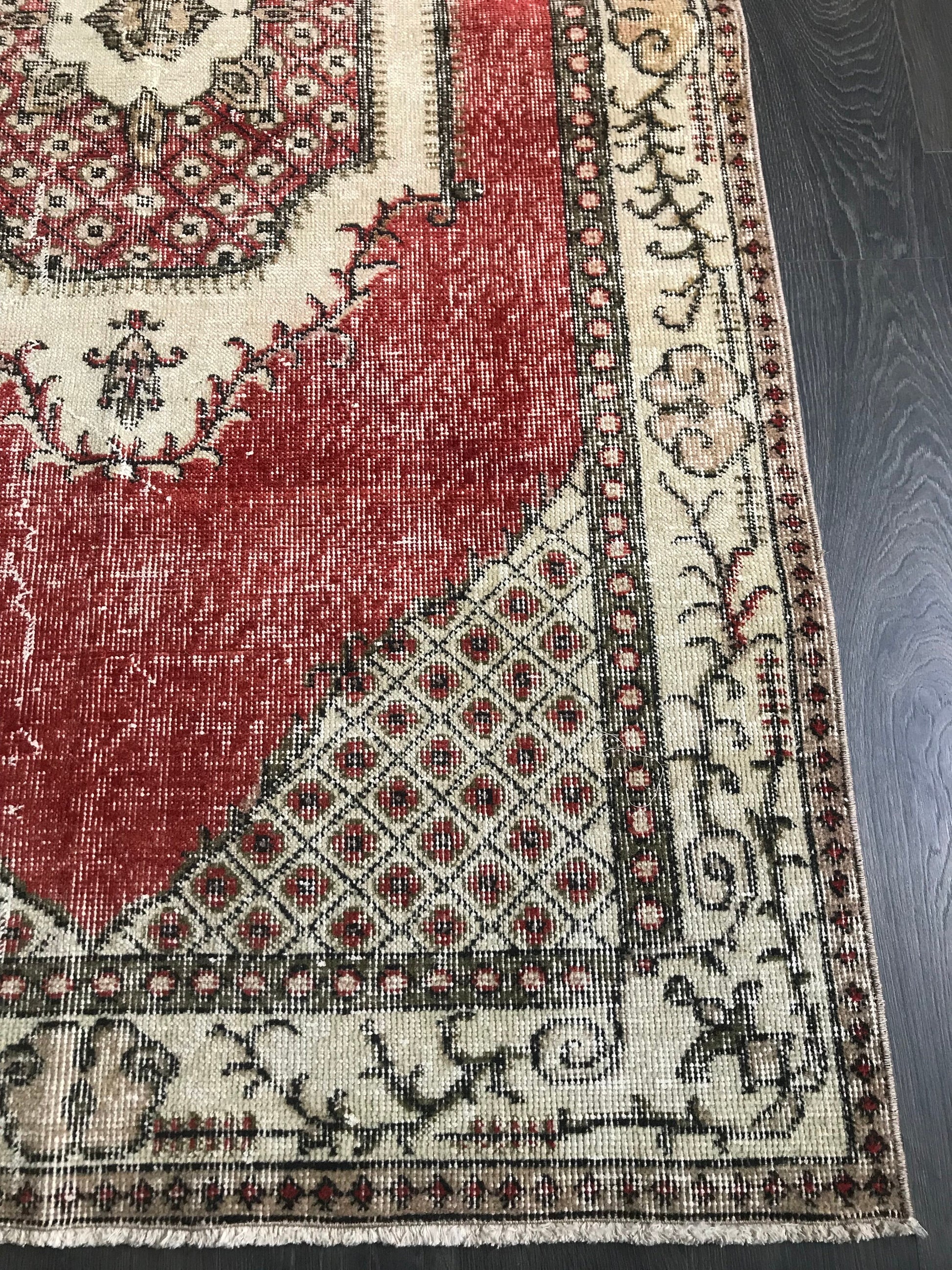 Red Turkish Rug , Red Vintage Rug , Antique Oushak Rug , Oriental Wool Rug , Handmade Anatolian Rug , 4x7 Ft , Red Bedroom Rug , Unique Rug - Heritage and Rugs