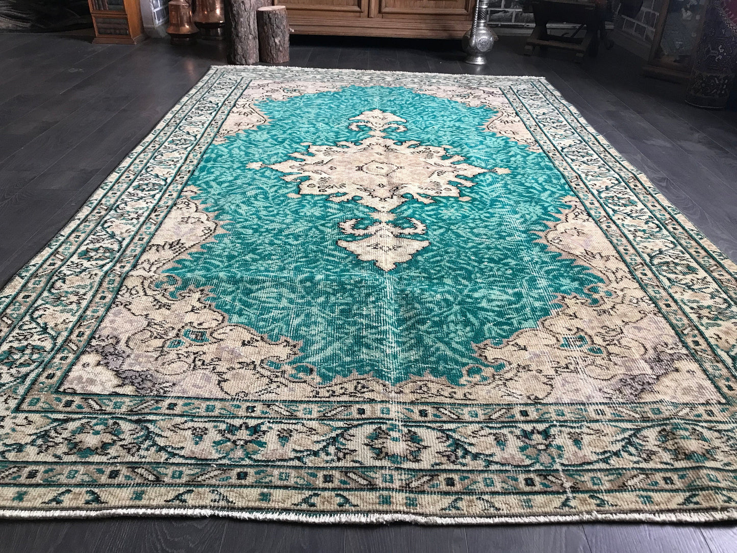 Large Vintage Rug , Green Area Rug ,Green Anatolian Rug , Handmade Turkish Rug , Livingroom Rug , Oriental Rug , 5.3x8.4 , Natural Rug - Heritage and Rugs