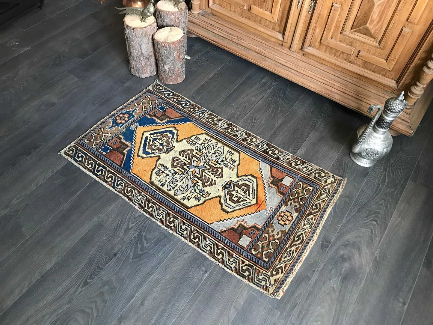 Wool Small Rug , Oriental Small Rug , Vintage Oushak Rug , Anatolian Design Door mat , Antique Bathroom Rug , 2x4 Rug , Small Entry Rug - Heritage and Rugs