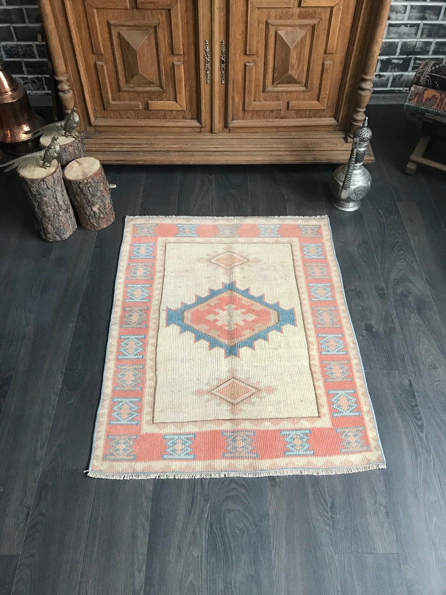 Beige Pink Small Rug , Square Small Rug , Organic Wool Rug , Small Entry Rug , Turkish Door mat , Vintage Bedroom Rug , 2.9 x 3.6 Ft - Heritage and Rugs