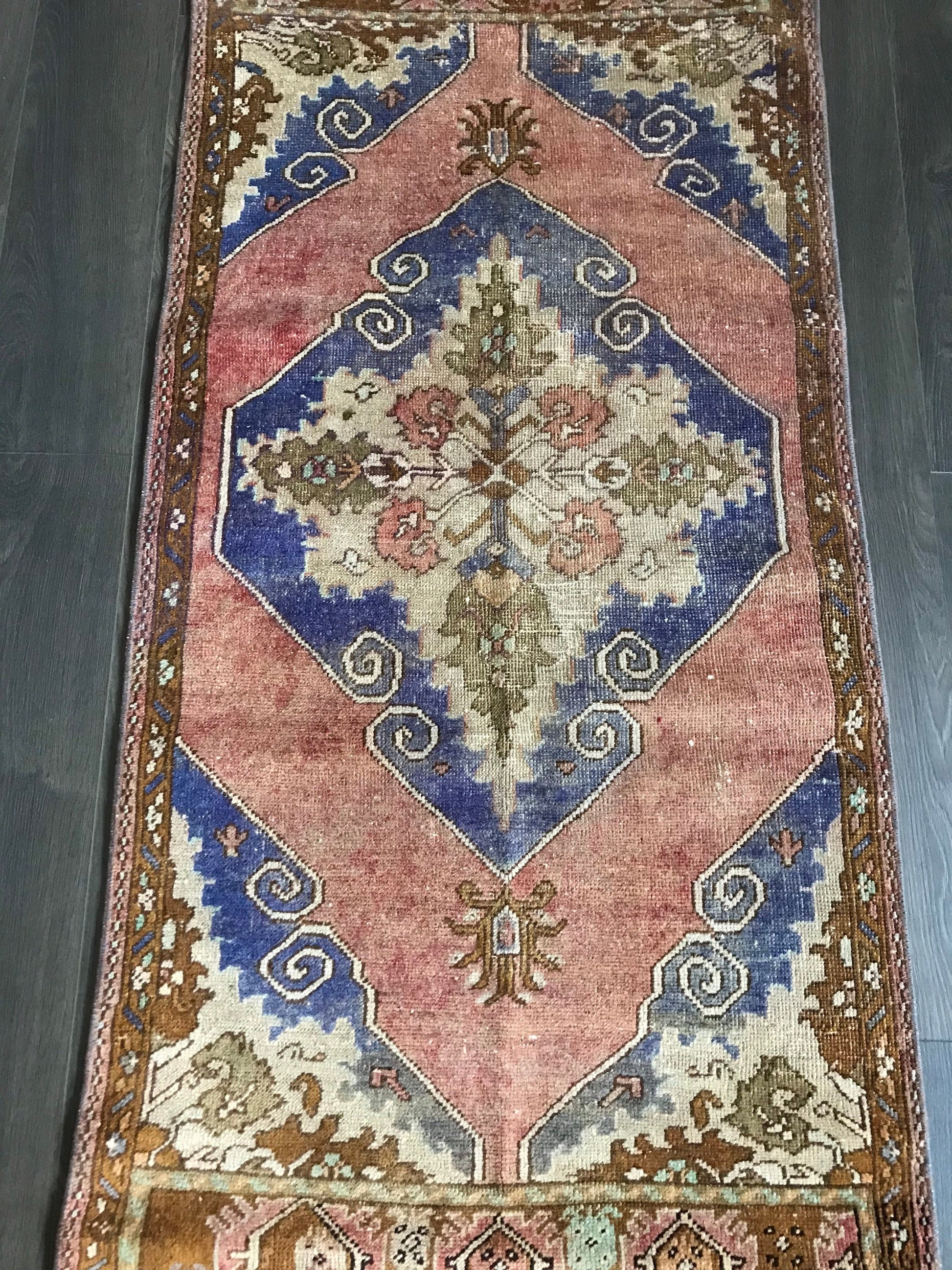 Pink Turkish Rug , Wool Oushak Rug , Oriental Vintage Rug , Handmade Entrway Rug , Natural Turkish Rug , Pink Blue Kitchen Rug , 2.3x5.4 Ft - Heritage and Rugs