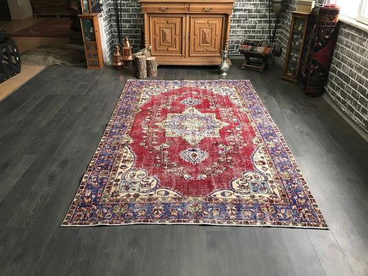 5.8x9 Large Vintage Red Turkish Oushak Wool Rug- Heritage and Rugs