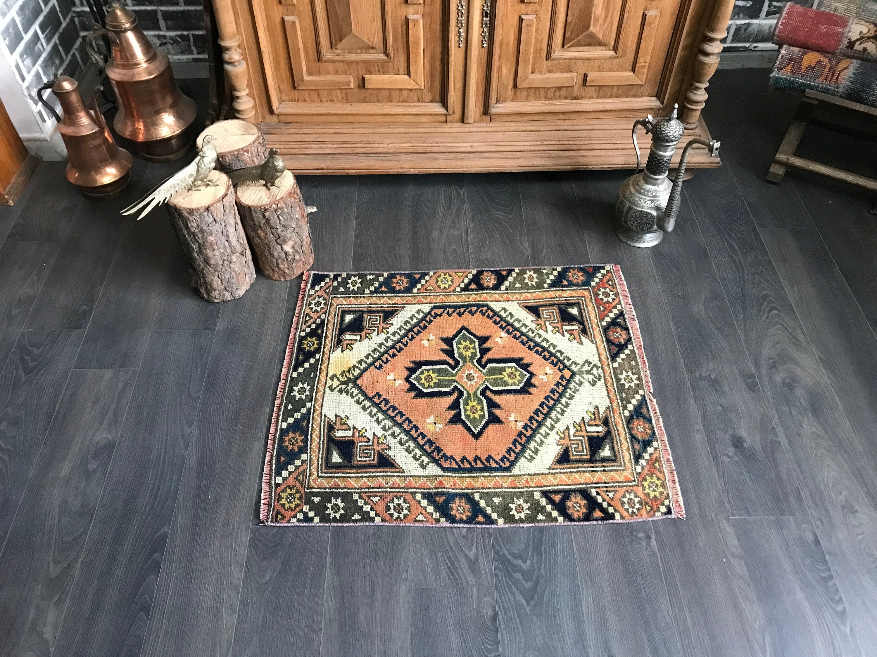 2x2 Mini Turkish Rug, Cream Small Rug, Rustic Oushak Rug, Outdoor mat rugs, 2x2 Small Vintage 2024 Rug, Area Rug , Small Rug, 2x2 Door mat Rug