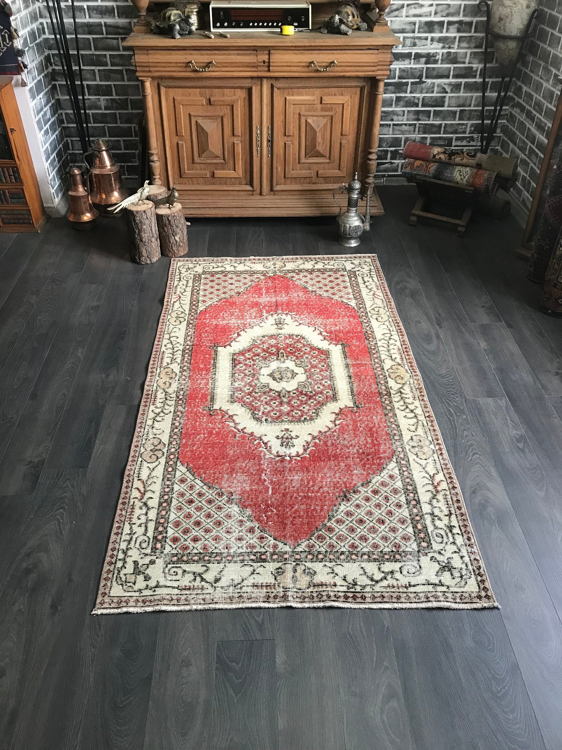 Red Turkish Rug , Red Vintage Rug , Antique Oushak Rug , Oriental Wool Rug , Handmade Anatolian Rug , 4x7 Ft , Red Bedroom Rug , Unique Rug - Heritage and Rugs