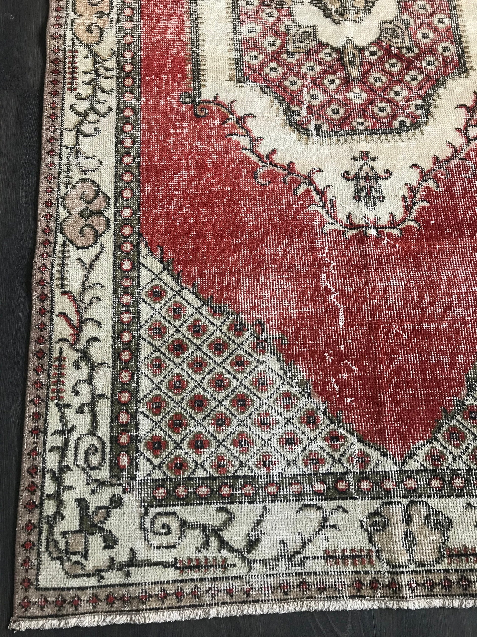 Red Turkish Rug , Red Vintage Rug , Antique Oushak Rug , Oriental Wool Rug , Handmade Anatolian Rug , 4x7 Ft , Red Bedroom Rug , Unique Rug - Heritage and Rugs