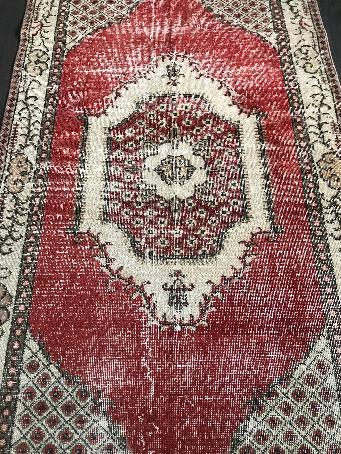 Red Turkish Rug , Red Vintage Rug , Antique Oushak Rug , Oriental Wool Rug , Handmade Anatolian Rug , 4x7 Ft , Red Bedroom Rug , Unique Rug - Heritage and Rugs