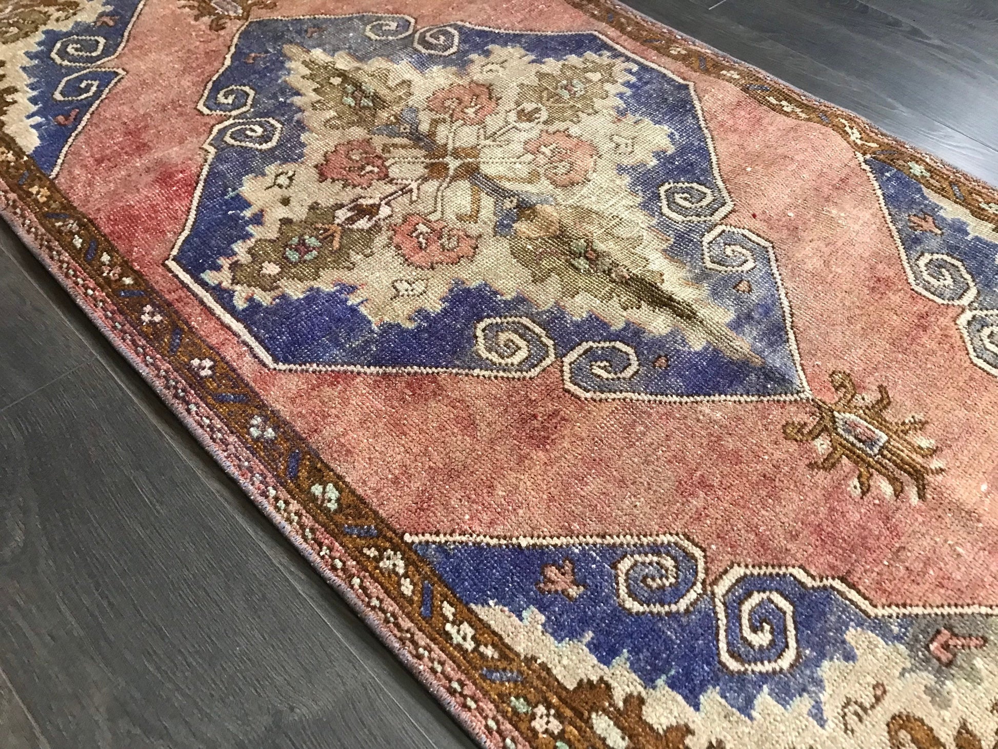 Pink Turkish Rug , Wool Oushak Rug , Oriental Vintage Rug , Handmade Entrway Rug , Natural Turkish Rug , Pink Blue Kitchen Rug , 2.3x5.4 Ft - Heritage and Rugs