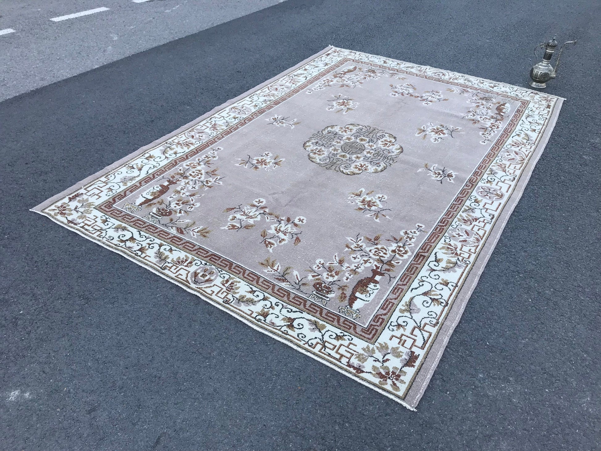 6.7x10.2 Large Vintage Brown Turkish Oushak Wool Rug - Heritage and Rugs