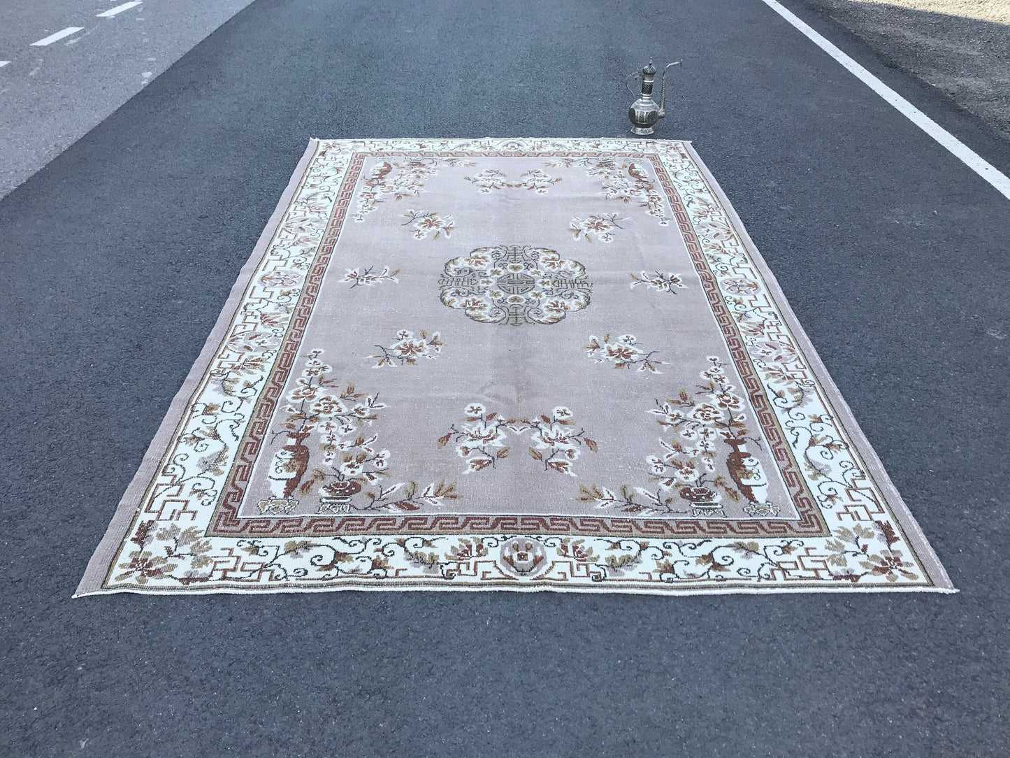 6.7x10.2 Large Vintage Brown Turkish Oushak Wool Rug - Heritage and Rugs