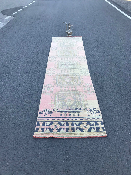 Pink Turkish Runner Rug , Vintage Entry Rug , Pink Kitchen Rug , Wool Runner Rug , Handmade Runner Rug , Boho Home Decor , 2.7x10.9 Ft - Heritage and Rugs