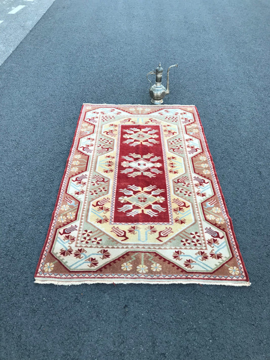 Wool Turkish Rug , Red Anatolian Rug , Handmade Area Rug , Antique Nomadic Rug , Vintage Home Decor Rug , Natural Wool Rug , 3.7x6.2 Ft - Heritage and Rugs