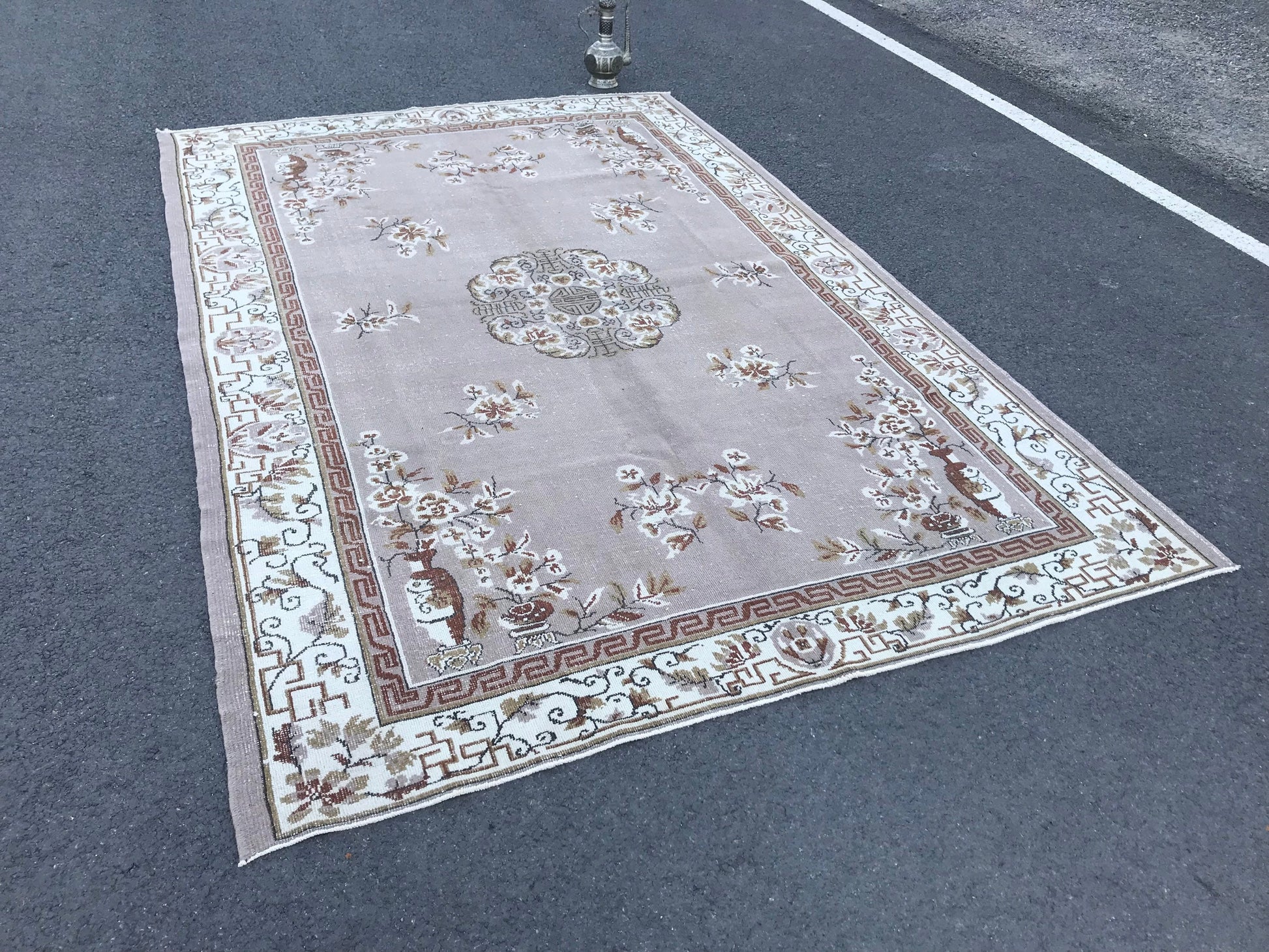 6.7x10.2 Large Vintage Brown Turkish Oushak Wool Rug - Heritage and Rugs