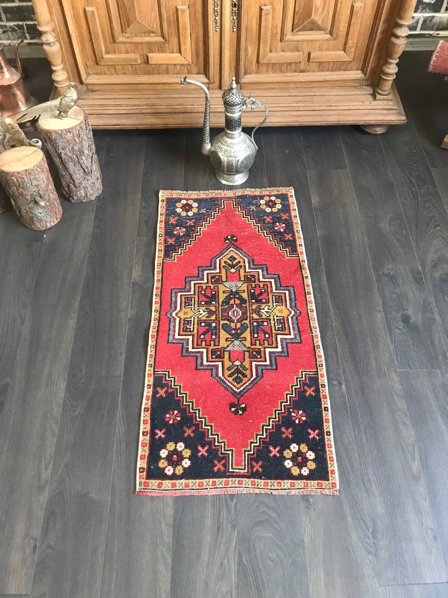 Red Door mat , Small Oushak Rug , Small Turkish Rug , Vintage Bath mat , Wool Handmade Rug , Small Entry Rug , 1.6x3.4 Ft , Small Runner Rug - Heritage and Rugs