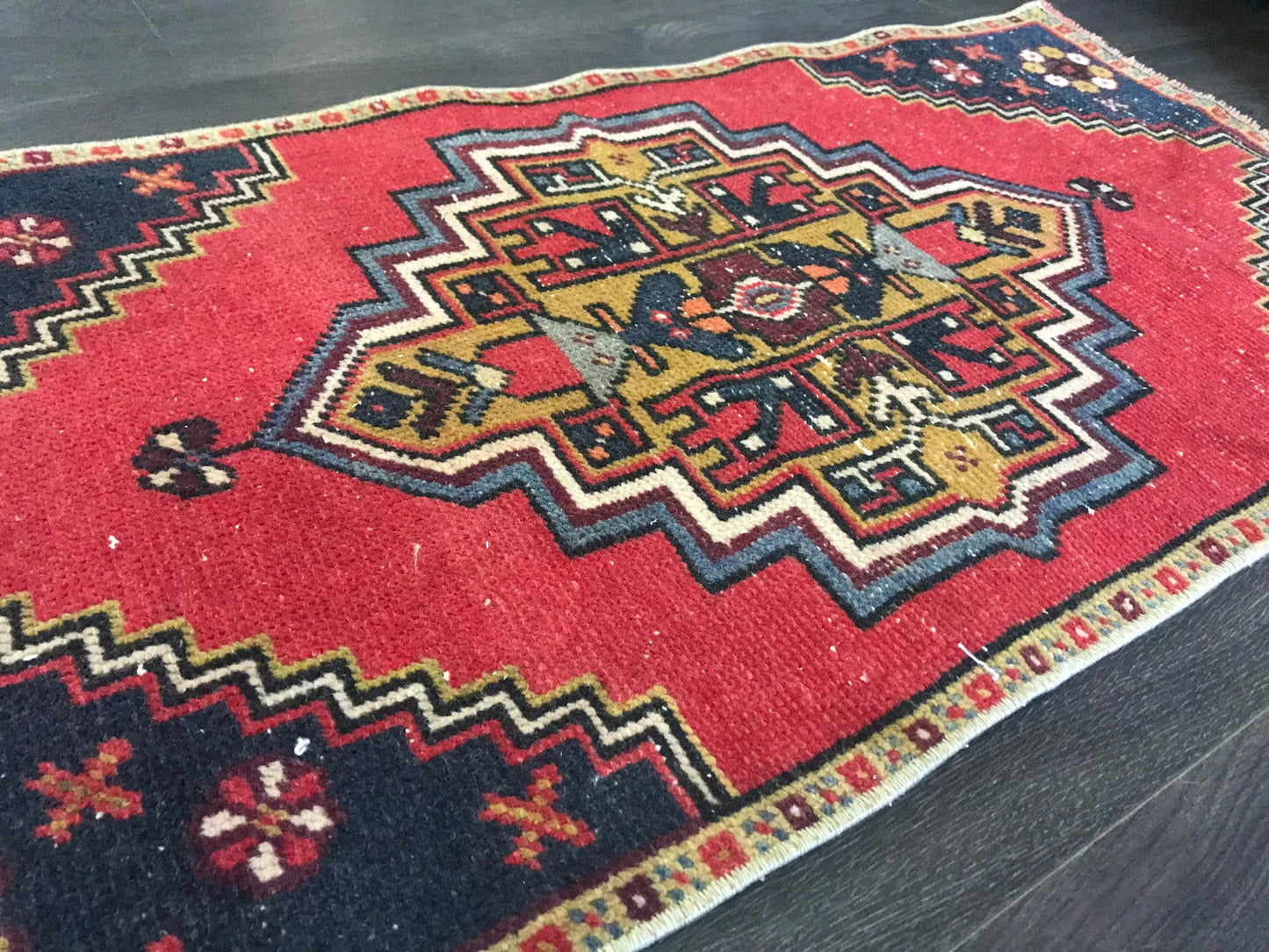 Red Door mat , Small Oushak Rug , Small Turkish Rug , Vintage Bath mat , Wool Handmade Rug , Small Entry Rug , 1.6x3.4 Ft , Small Runner Rug - Heritage and Rugs