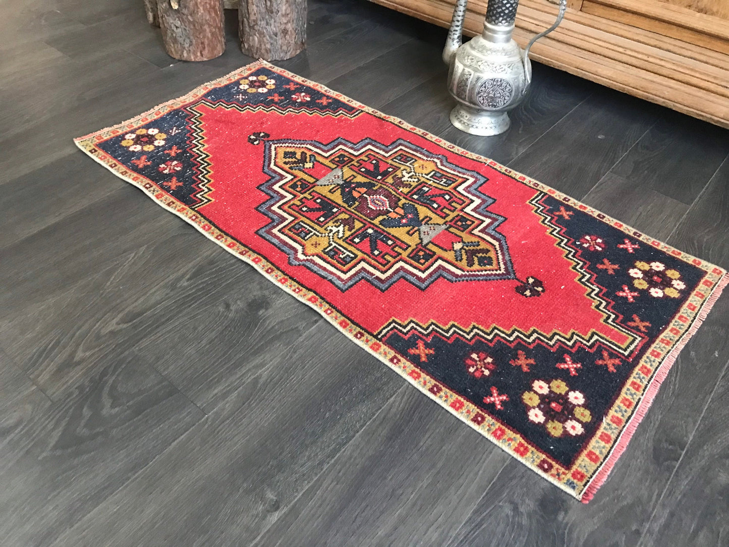 Red Door mat , Small Oushak Rug , Small Turkish Rug , Vintage Bath mat , Wool Handmade Rug , Small Entry Rug , 1.6x3.4 Ft , Small Runner Rug - Heritage and Rugs