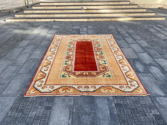 Large Turkish Rug , Large Vintage Rug , Wool Turkish Rug , Orange Anatolian Rug , Oriental Handmade Rug , Large Livingroom Rug , 6.5x9.5 Ft - Heritage and Rugs