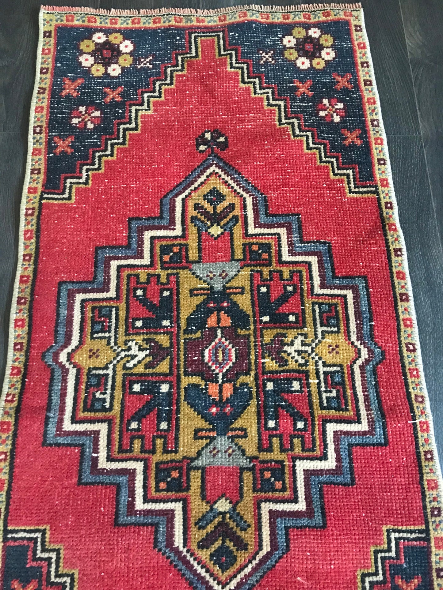 Red Door mat , Small Oushak Rug , Small Turkish Rug , Vintage Bath mat , Wool Handmade Rug , Small Entry Rug , 1.6x3.4 Ft , Small Runner Rug - Heritage and Rugs