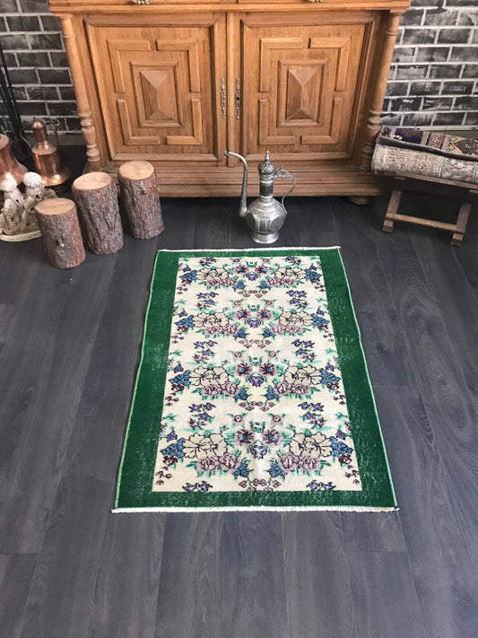 Green Vintage Rug , Green Turkish Rug , Handmade Area Rug , Natural Overdyed Rug , Flower Vintage Rug, Green Small Rug , 2.5x3.6 Ft - Heritage and Rugs