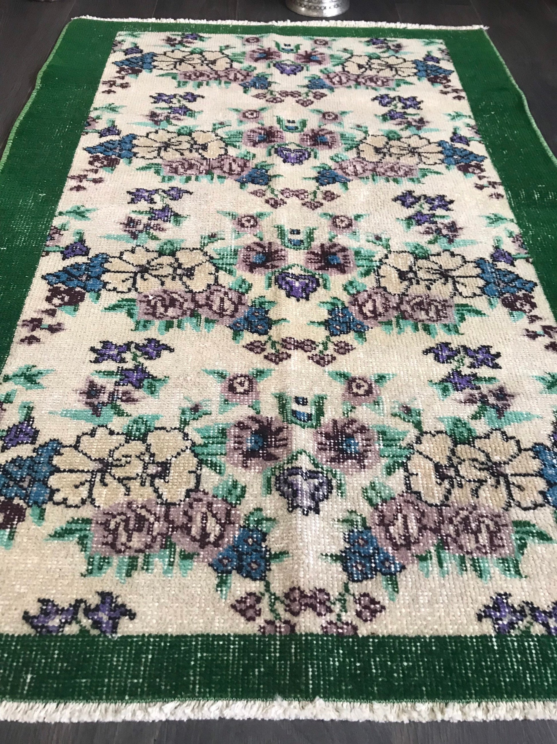 Green Vintage Rug , Green Turkish Rug , Handmade Area Rug , Natural Overdyed Rug , Flower Vintage Rug, Green Small Rug , 2.5x3.6 Ft - Heritage and Rugs