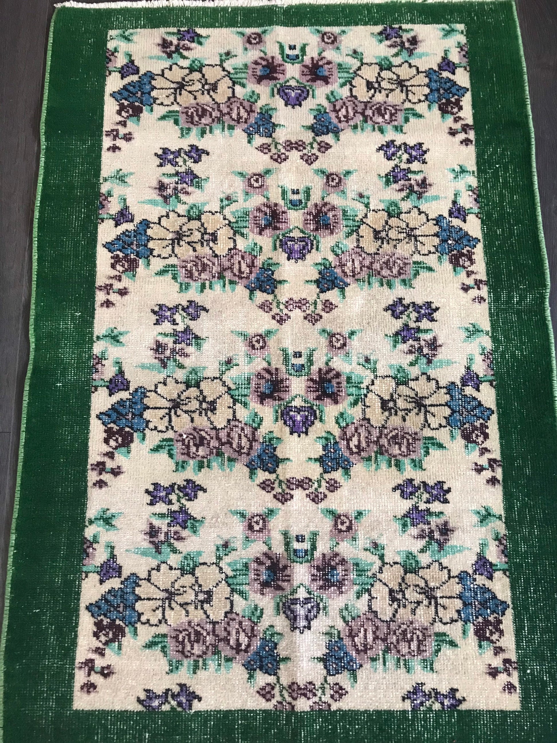 Green Vintage Rug , Green Turkish Rug , Handmade Area Rug , Natural Overdyed Rug , Flower Vintage Rug, Green Small Rug , 2.5x3.6 Ft - Heritage and Rugs