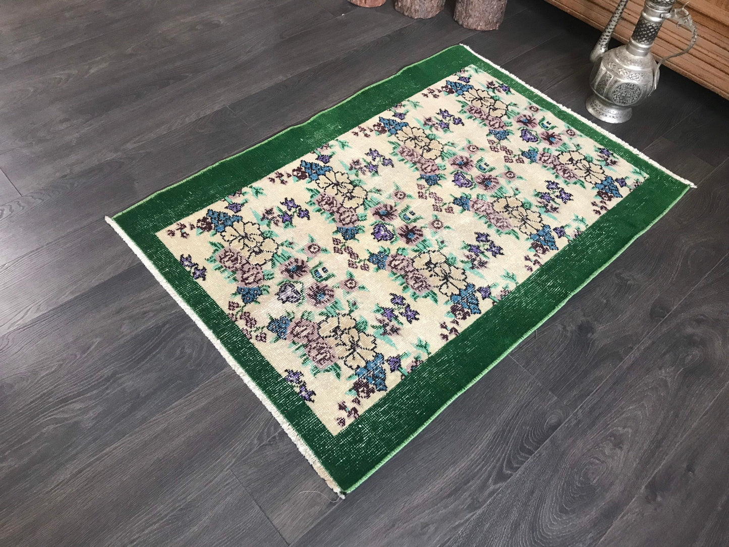 Green Vintage Rug , Green Turkish Rug , Handmade Area Rug , Natural Overdyed Rug , Flower Vintage Rug, Green Small Rug , 2.5x3.6 Ft - Heritage and Rugs