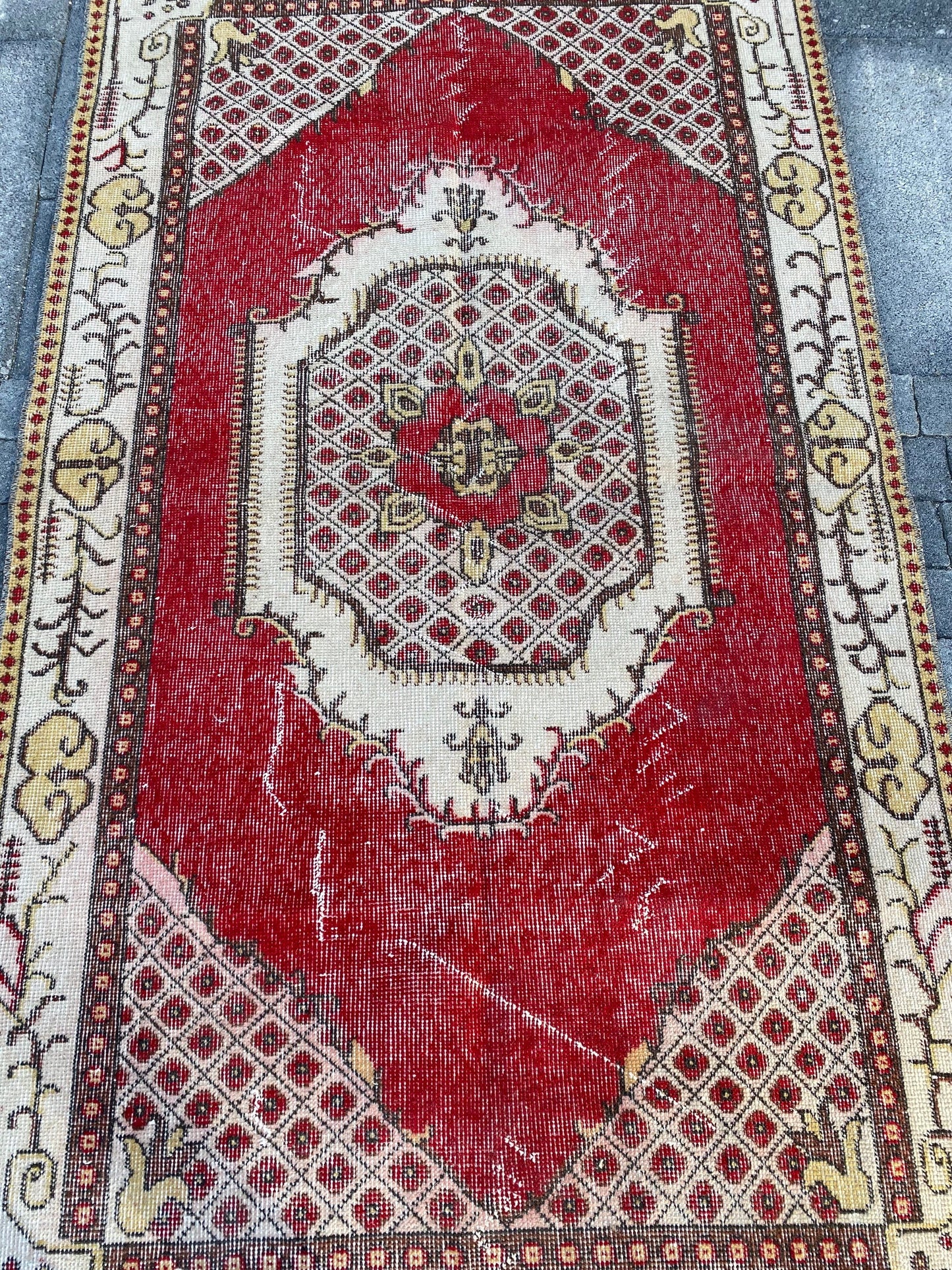 Red Vintage Rug , Red Turkish Rug , Wool Oriental Rug , Handvoven Turkish Rug, Red Kitchen Rug , Red Overdyed Rug , Bedroom Rug , 3.7x6.7 Ft - Heritage and Rugs