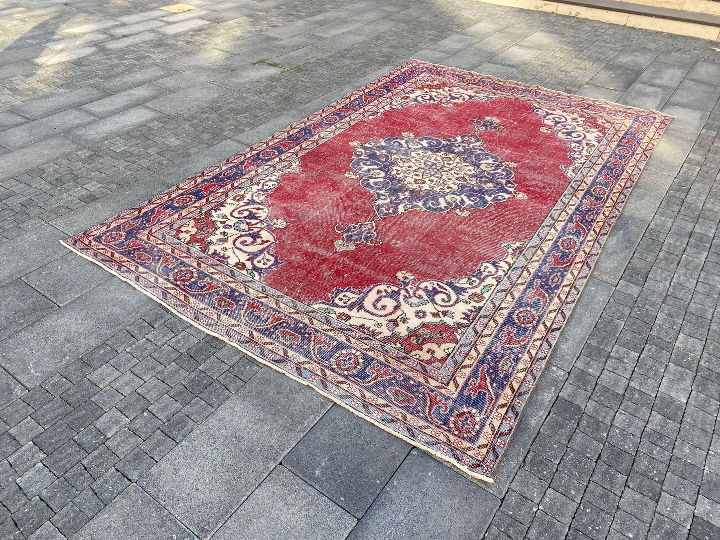 6.7x10.9 Large Vintage Red Turkish Oushak Wool Rug- Heritage and Rugs