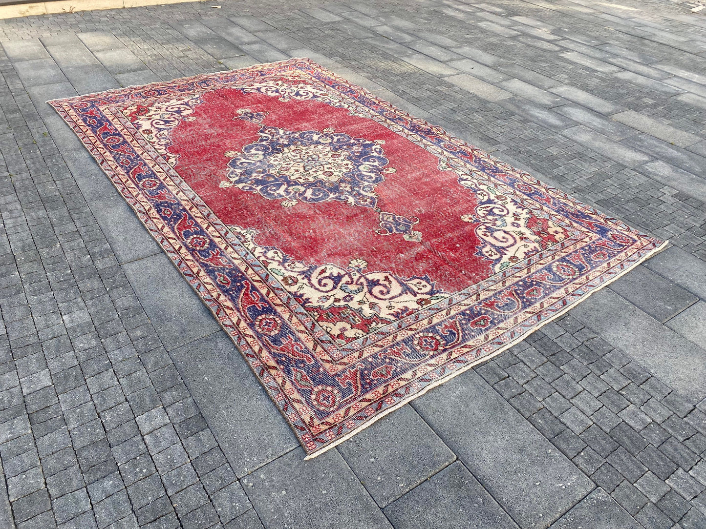 6.7x10.9 Large Vintage Red Turkish Oushak Wool Rug- Heritage and Rugs