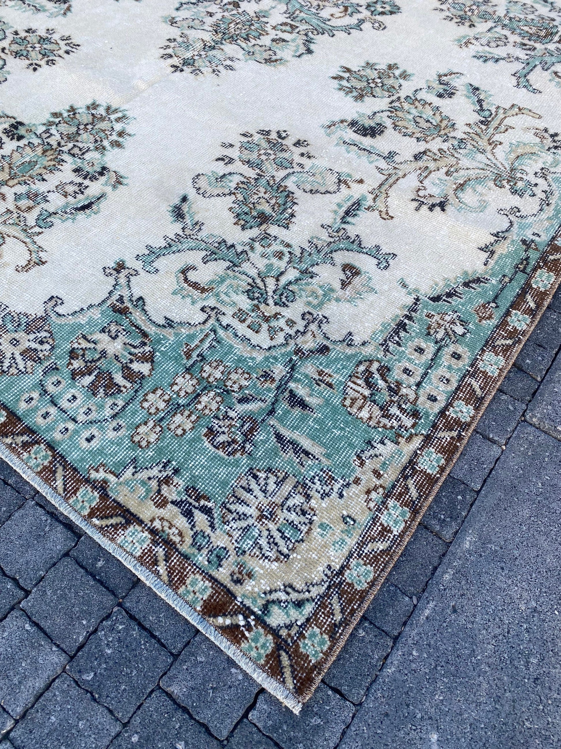 Large Vintage Rug , Beige Green Brown Rug , Large Turkish Rug , Oriental Flower Rug , Wool Area Rug , Natural Livingroom Rug, 6.1x9.7 Ft - Heritage and Rugs