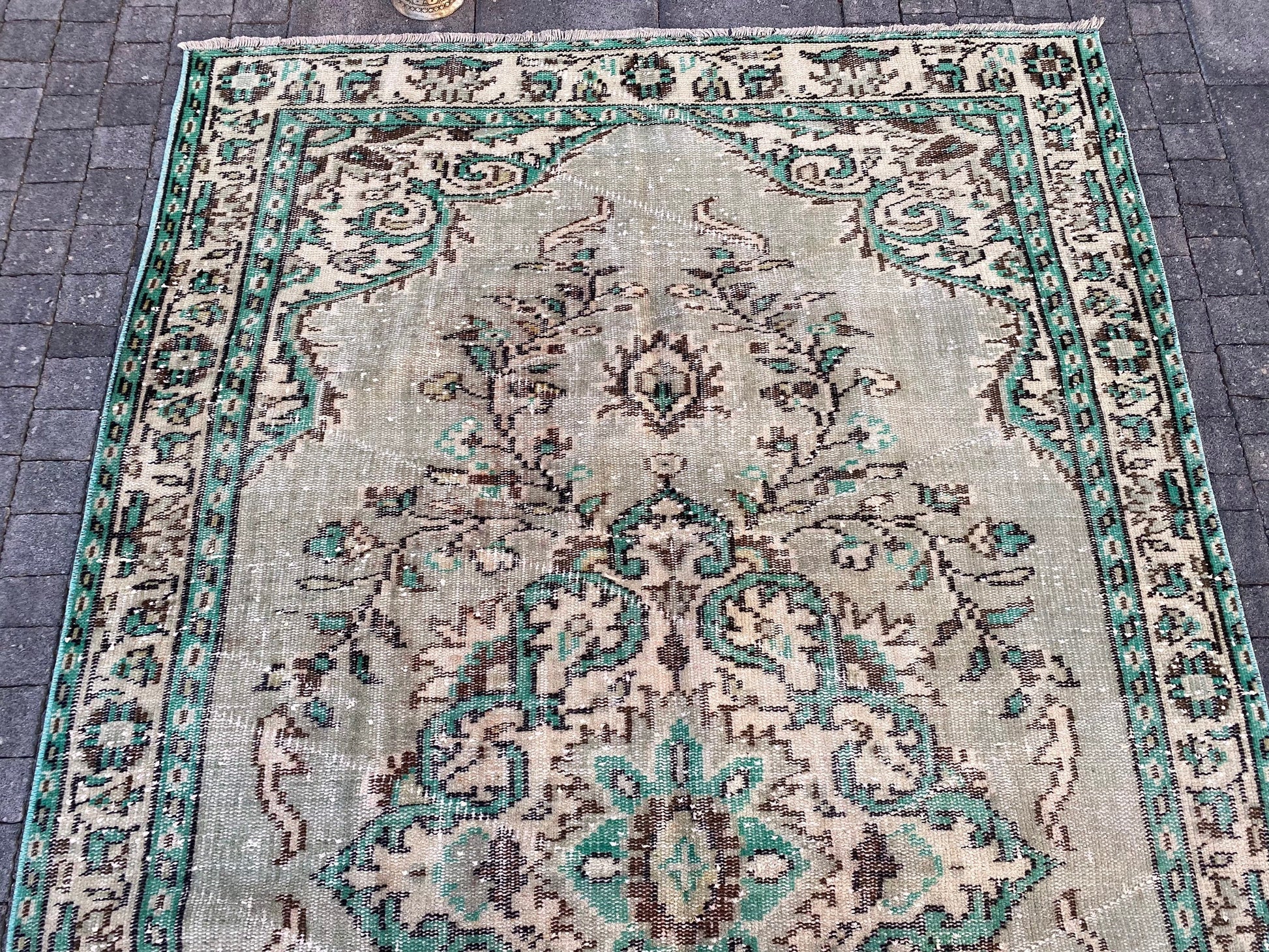 4.9x.8.2 Large Vintage Green Turkish Oushak Wool Rug - Heritage and Rugs