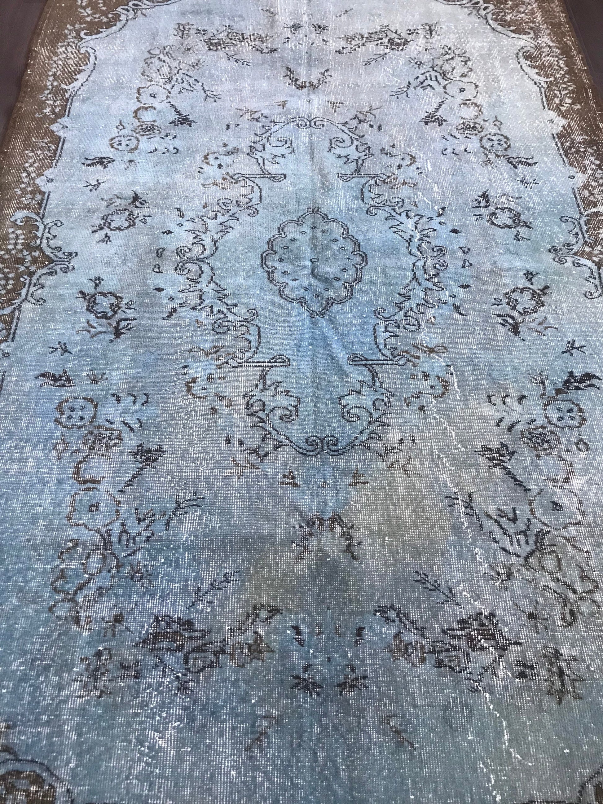 5.9x9.1 Large Vintage Blue Turkish Oushak Wool Rug- Heritage and Rugs