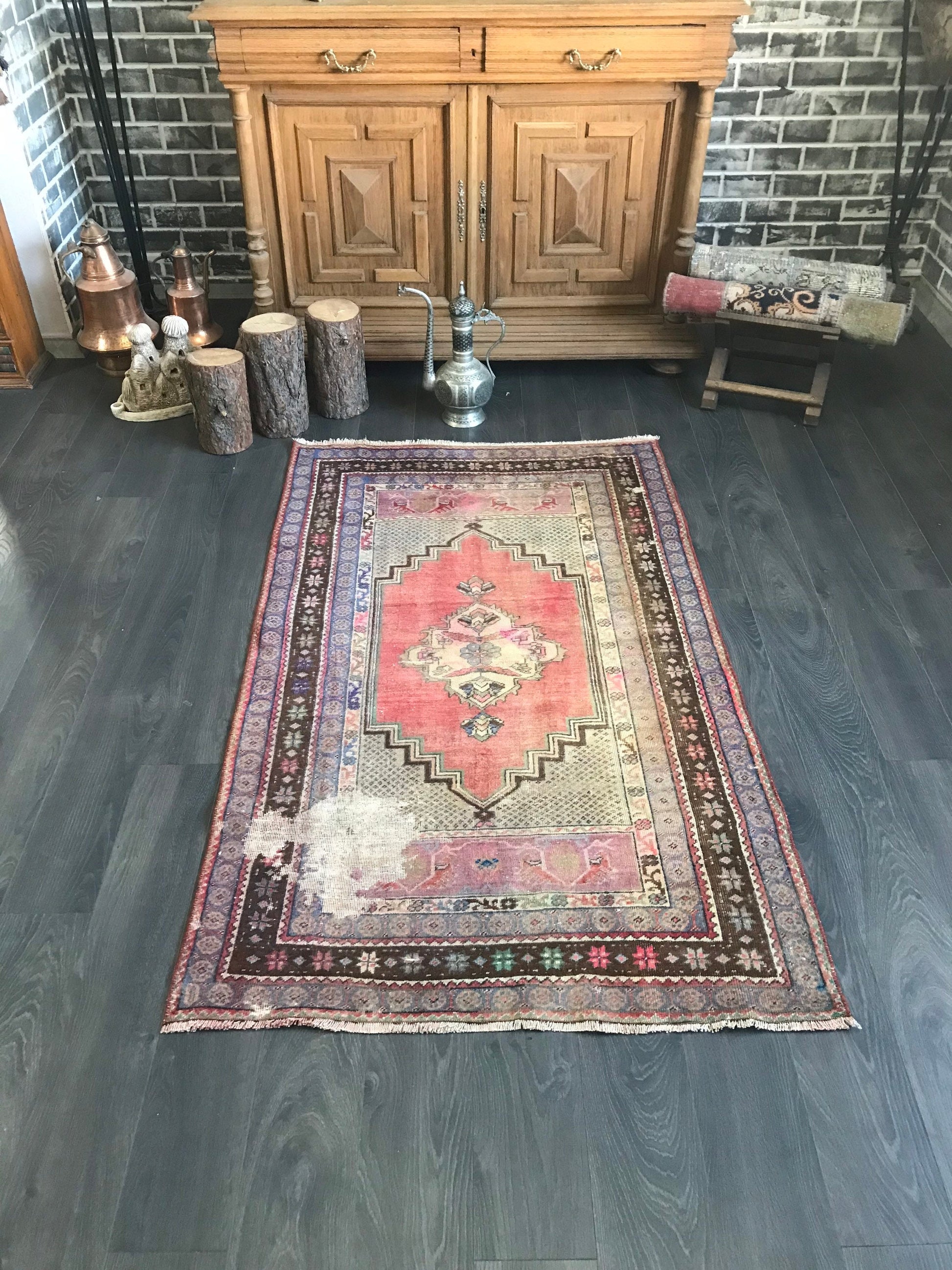 Pink Turkish Rug, Vintage Turkish Rug , Handvoven Area Rug , Pink Oushak Rug, Kitchen Rug, Bedroom Rug , Distressed Rug , 3.3 x5.5 Ft - Heritage and Rugs