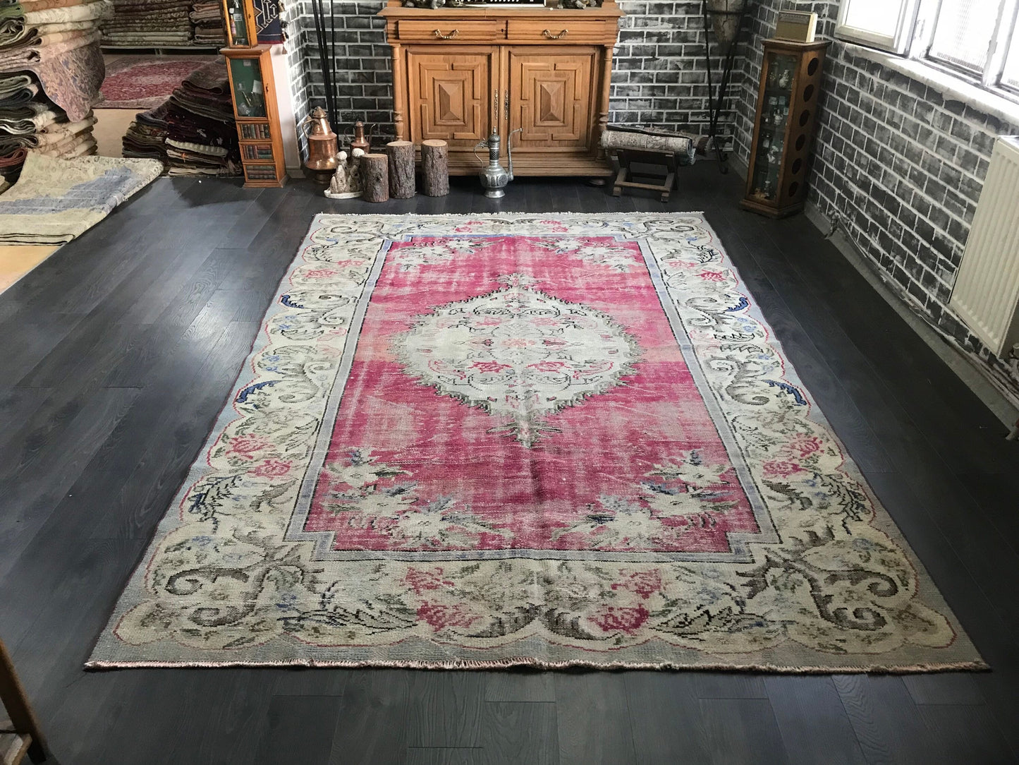 6.8x10.4 Large Vintage Pink Turkish Oushak Rug - Heritage and Rugs