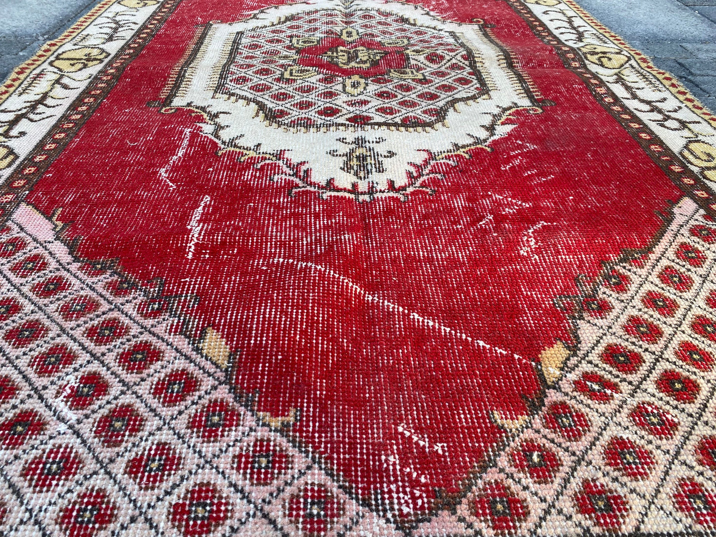 Red Vintage Rug , Red Turkish Rug , Wool Oriental Rug , Handvoven Turkish Rug, Red Kitchen Rug , Red Overdyed Rug , Bedroom Rug , 3.7x6.7 Ft - Heritage and Rugs